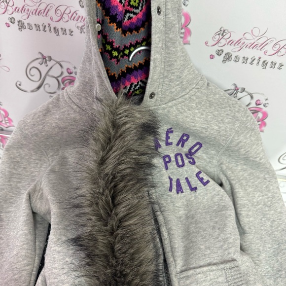 Aeropostale hoodie fur trim hood knit crochet neon inside hood zip up sweater - Picture 6 of 14